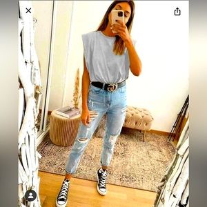 Short Cap Sleeve T-shirt Top with Padded Shoulders